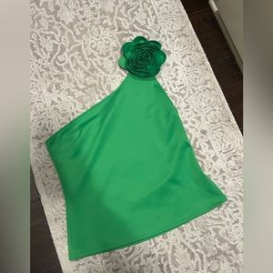 ONE-SHOULDER SCUBA ROSETTE KNIT TOP /GREEN ~Never worn.Tags have been removed.